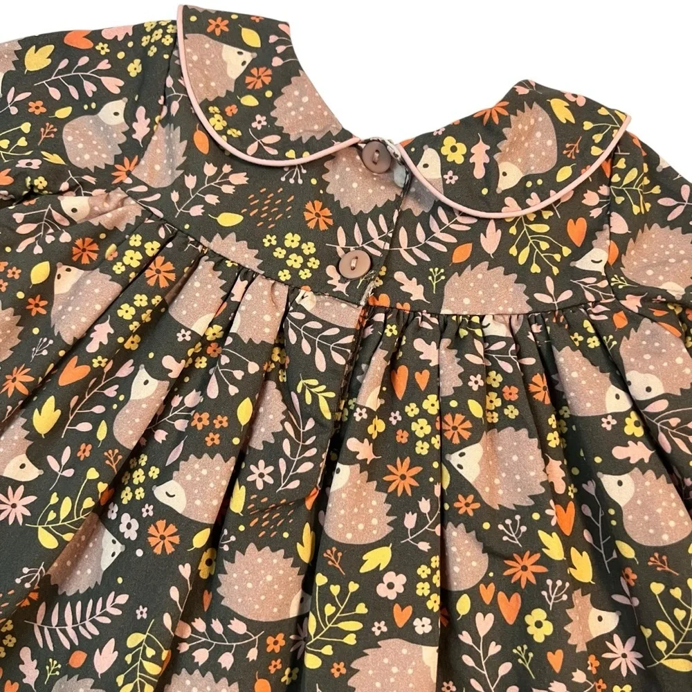 Cotton‎ Kids Hedgehog Print Baby Dress 3M Peter Pan Collar Fall Floral Rare